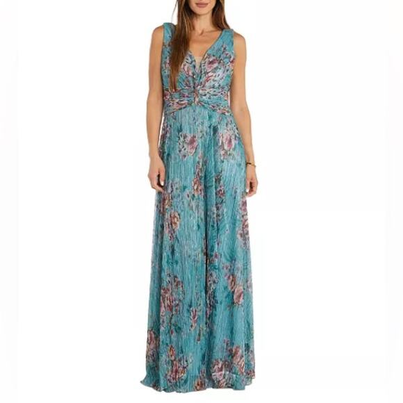 R & M Richards Women's Metallic Floral Print Sleeveless Gown Turquoise Sz 12 - Picture 1 of 10